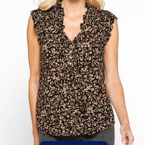 Daniel Rainn Women's Black Floral Ruffle Sleeve V Neck Top Blouse Size Medium